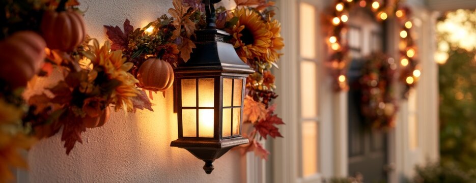 Autumn decorations with lantern and wreaths at house entrance  