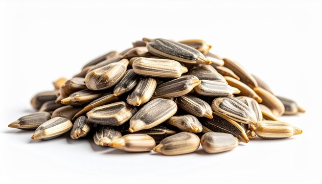 Raw sunflower seeds in natural shells arranged in a small pile, clean white studio background, healthy snack photography