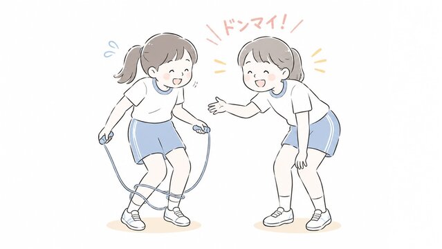 縄跳びに失敗してしまった友達を笑顔で「ドンマイ！」と励ます体育着姿の女の子たち