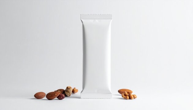 Blank white snack bar package standing upright, clean white studio background, food packaging mockup