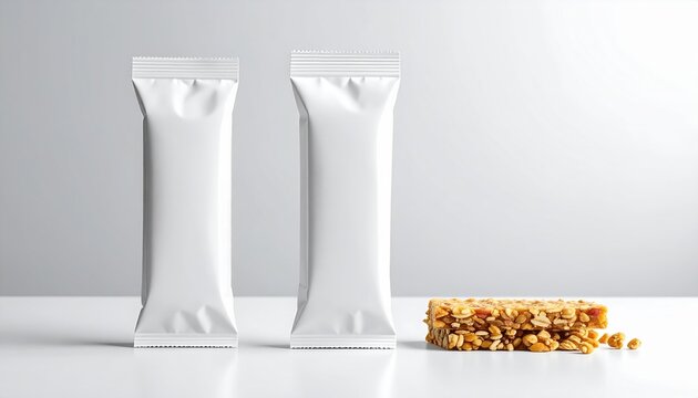 Blank white snack bar package standing upright, clean white studio background, food packaging mockup