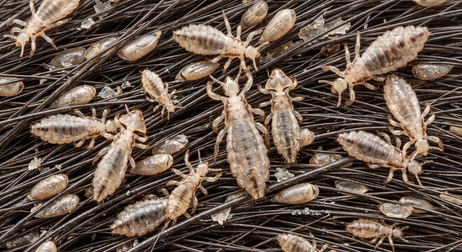 Clustered cat lice and nits attached densely along dark hair shafts