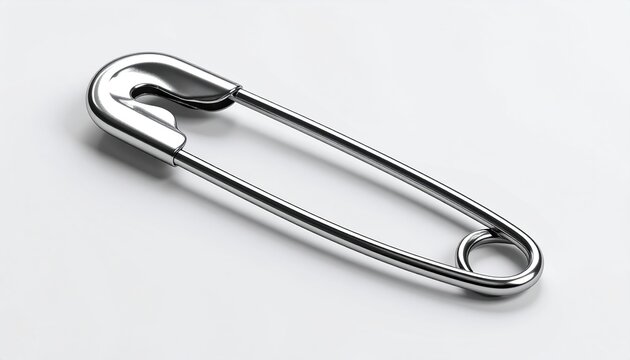 Realistic silver safety pin with polished metal texture, clean white studio background, sewing and fastening tool