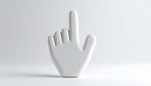 White 3D hand cursor pointing upward, clean white studio background, website interface and digital navigation concept