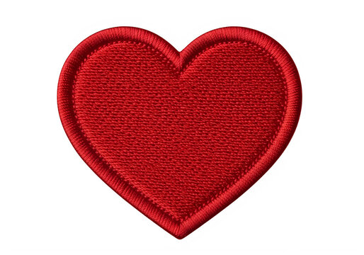 Red embroidered heart patch on fabric texture isolated on transparent background, isolated on white background