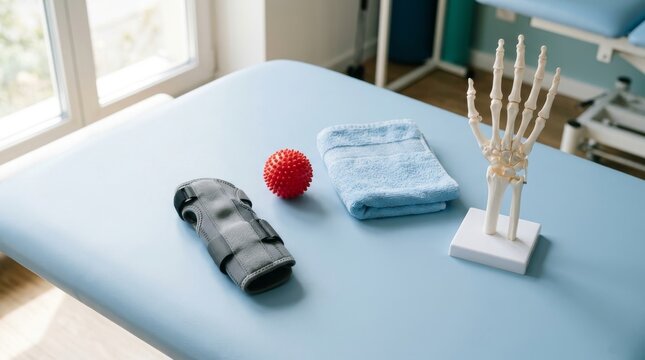 Medical wrist brace with massage ball and hand skeleton model on treatment table for physical therapy session