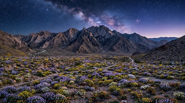 Milky way galaxy over mountain peaks and blooming wildflowers