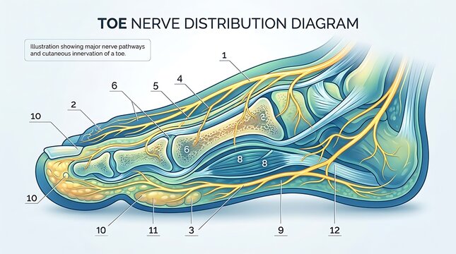 Human toe nerve distribution diagram showing foot anatomy