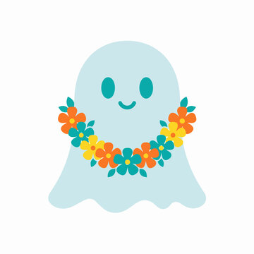 Cute Halloween Ghost with Floral Garland Vector Illustration, Whimsical Holiday Character Design