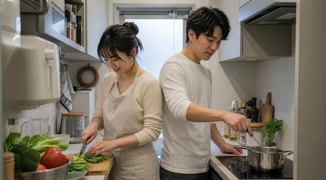 Couple working in compact galley kitchen