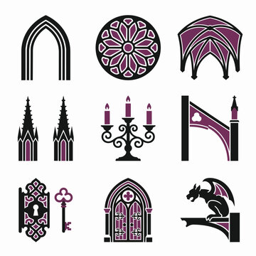 Gothic Architecture Icon Set with Medieval Elements Symbolizing History, Design and Art