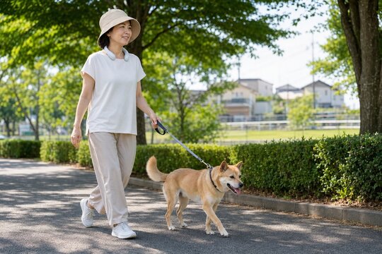 犬の散歩中にネッククーラーを使う女性