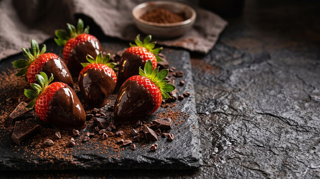 Luxury food photography of fresh strawberries partially dipped in glossy dark chocolate, scattered chocolate pieces and cocoa powder on a textured stone surface 