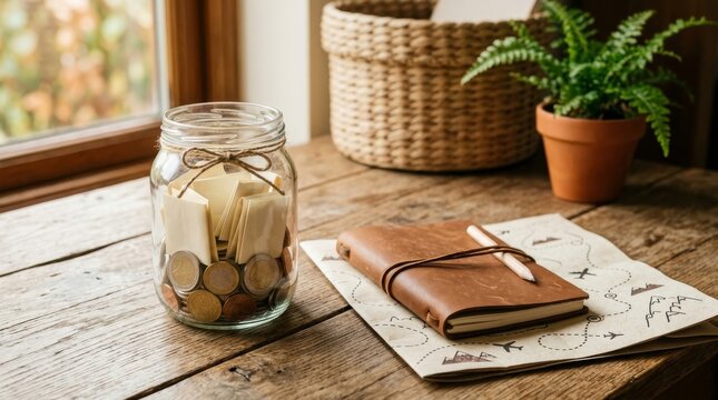 Jar of coins and notes on wooden table with notebook for savings and planning