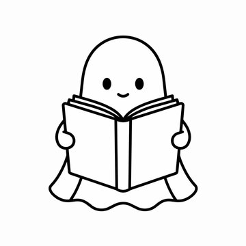 Cute Halloween Ghost Reading a Book with Minimalist Line Art Symbolizing Education, Literacy, and Spooky Fun