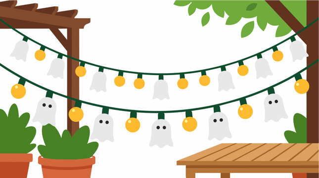 Halloween Ghost String Lights with Pergola and Garden Table, Festive Seasonal Decor Illustration