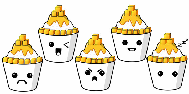 Cute mango bingsu kawaii character with various expressions and highlighted heart eyes, a colorful illustration set for stickers, emoji, and clipart.