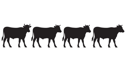 Fototapeta premium Silhouette Line Art of Four Cows Walking Together - Minimalist Black and White Animal Vector Illustration for Design, Logo, Poster or Print