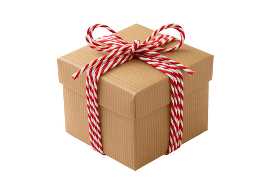 Craft Cardboard Gift Box Tied with Red and White Bakers Twine Bow isolated on transparent or white background, png
