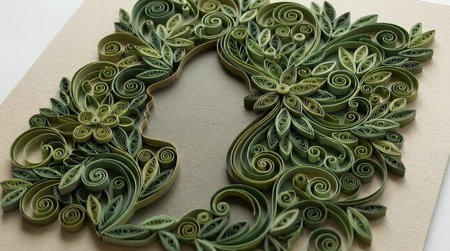 Green paper quilling art woman profile silhouette.