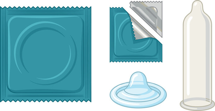 Condoms Set, Unopened and Opened Packaging with a Single Condom