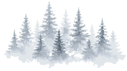 Fototapeta premium Light gray misty gradient watercolor illustration of textured coniferous fir forest. Winter evergreen watercolour pine trees print for winter Christmas design, poster, decor element, sticker
