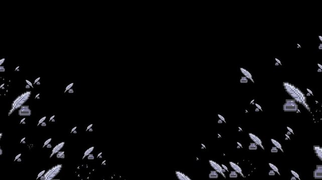 feather, quill, pen, write, writing, ink, vintage, history, poetry, author, tool, object, emoji, animation, motion graphics, black background, isolated, pixel art, retro, 8-bit, game asset, digital ar