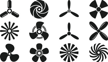 Industrial Fan Blades and Marine Propeller Rotor Vector Icon Set with Various Rotating Ventilator Symbols © Lipon