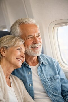 Smiling senior couple on airplane window travel portrait for retirement vacation background and lifestyle marketing