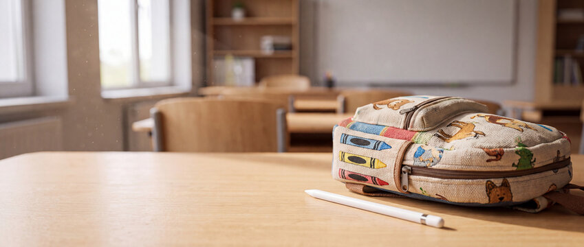 Empty classroom with a child's backpack and pencil on a wooden desk, featuring colorful crayon and animal designs.