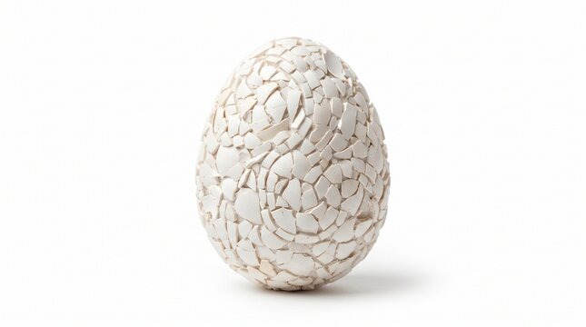 A uniquely crafted white mosaic eggshell sculpture, showcasing intricate details and a textured surface, displayed against a clean white background