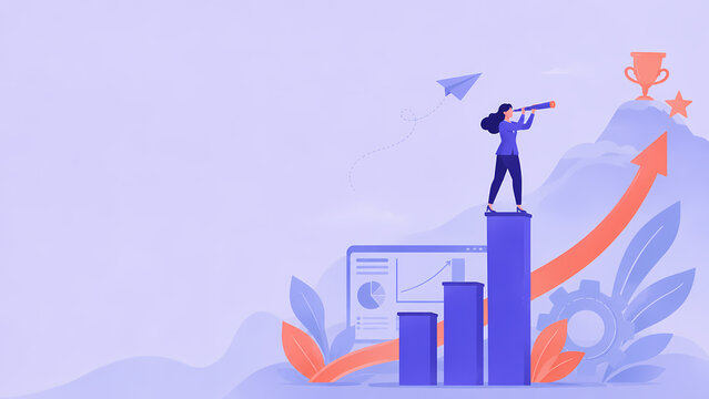 Business success illustration with a professional using a telescope atop a rising bar chart, alongside an upward arrow and trophy symbolizing vision, growth and achievement