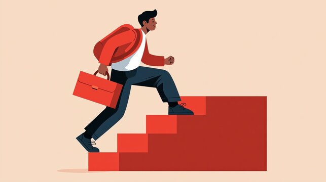 Man with briefcase ascending red stairs during bright day symbolizing career advancement and success