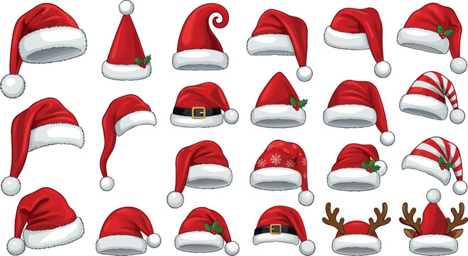 Santa Hats Collection with Various Styles and Decorations Featuring Festive