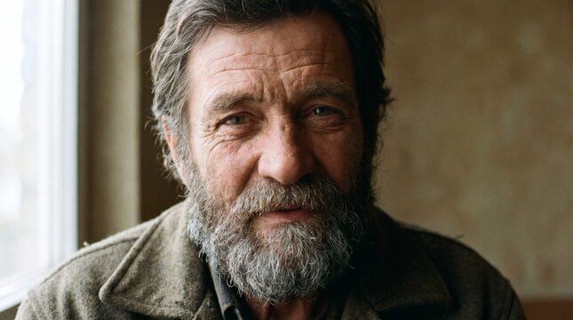 Portrait of an Elderly Man with a Grey Beard and Weathered Skin Reflecting Wisdom and Life Experience