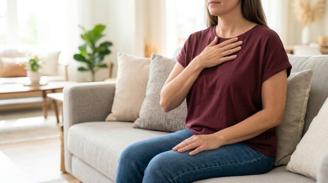Woman in a maroon t-shirt and jeans experiencing chest pain or discomfort while sitting on a sofa at home