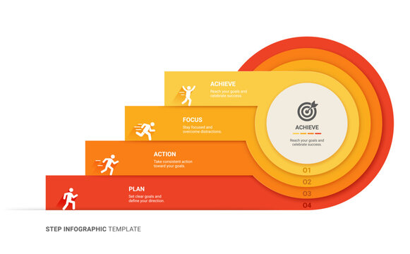 4 Steps Business Infographic Timeline Diagram Template with Staircase to Target Goal Concept Background