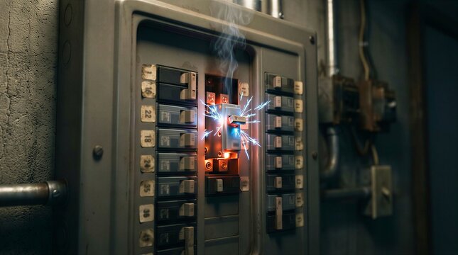 A close-up of a residential circuit breaker panel with one switch sparking and a faint wisp of smoke rising, set in a dimly lit garage with dramatic shadows.