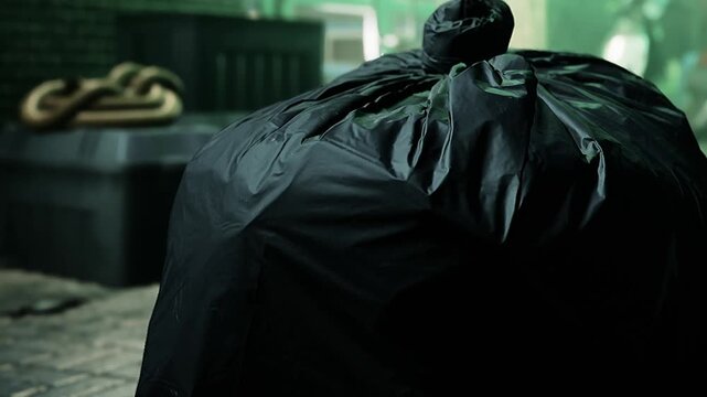 A large black trash bag sits on the floor of a storage area in a warehouse. Nearby, there are boxes and other items stored around it during the daytime.