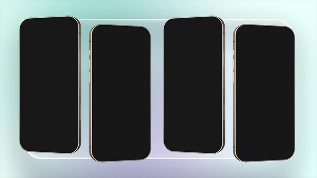 Four smartphone mockup devices align across glass surface. Wide mockup gallery displays smooth pastel gradient lighting. Multi phone mockup offers ideal concept for complete user flow presentation