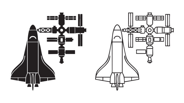 space shuttle docked with space station silhouette with outline art vector icon design