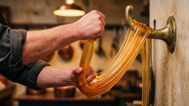 Artisanal candy making process showing hands pulling golden caramel taffy on a brass wall hook. Traditional confectionery workshop setting with copper pots in background.
