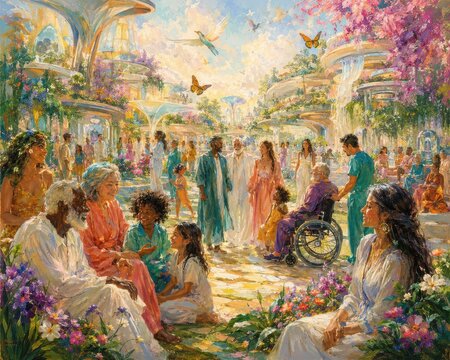 Vibrant futuristic city park with diverse people, lush gardens, and modern architecture in a lively community setting