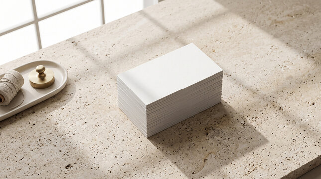 Blank White Textured Business Cards Stack Mockup on Natural Travertine Stone Table for Corporate Branding Presentation