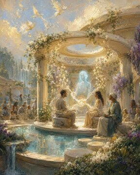 Elegant people watching a floating glowing sculpture in a lush garden pavilion