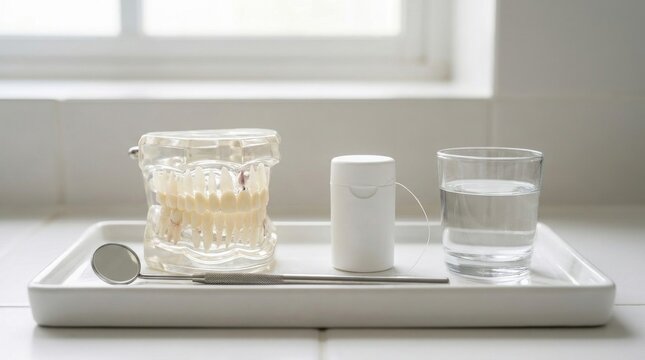 Dental hygiene setup with anatomical jaw model and dental tools on white tray