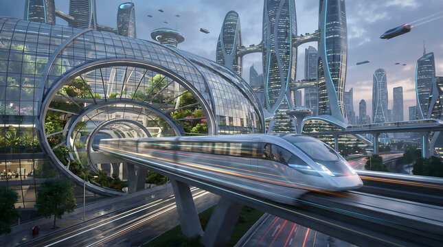 Futuristic maglev train travelling on elevated track in sci-fi smart city