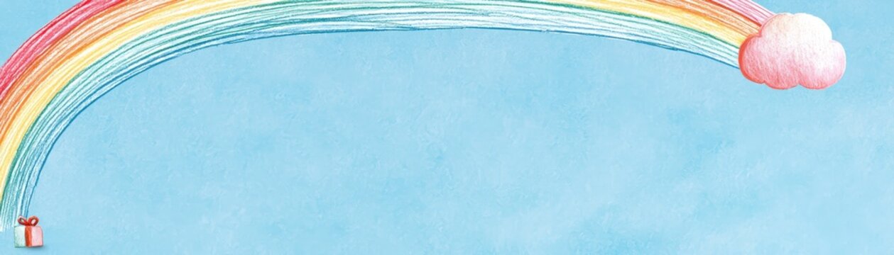 A colorful rainbow arches from a gift box to a pink cloud against a textured blue sky background, hand drawn kid friendly background