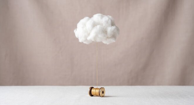Minimal cotton cloud floating above a wooden thread spool on a soft neutral background. Creative concept for imagination, handmade crafts, sewing, and textile inspiration.