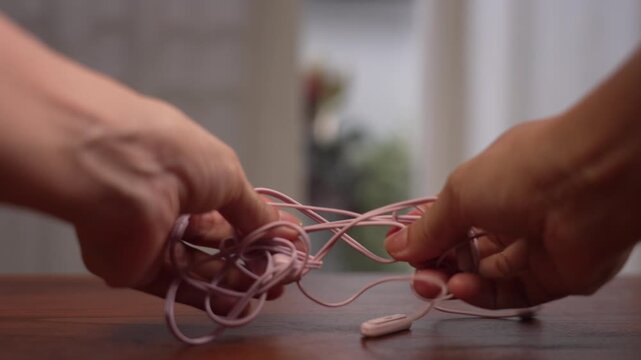 Eye level close up of woman hands reaching down to pick up tangled headphone cable on wooden desk in home office, problem solving concept.⁠